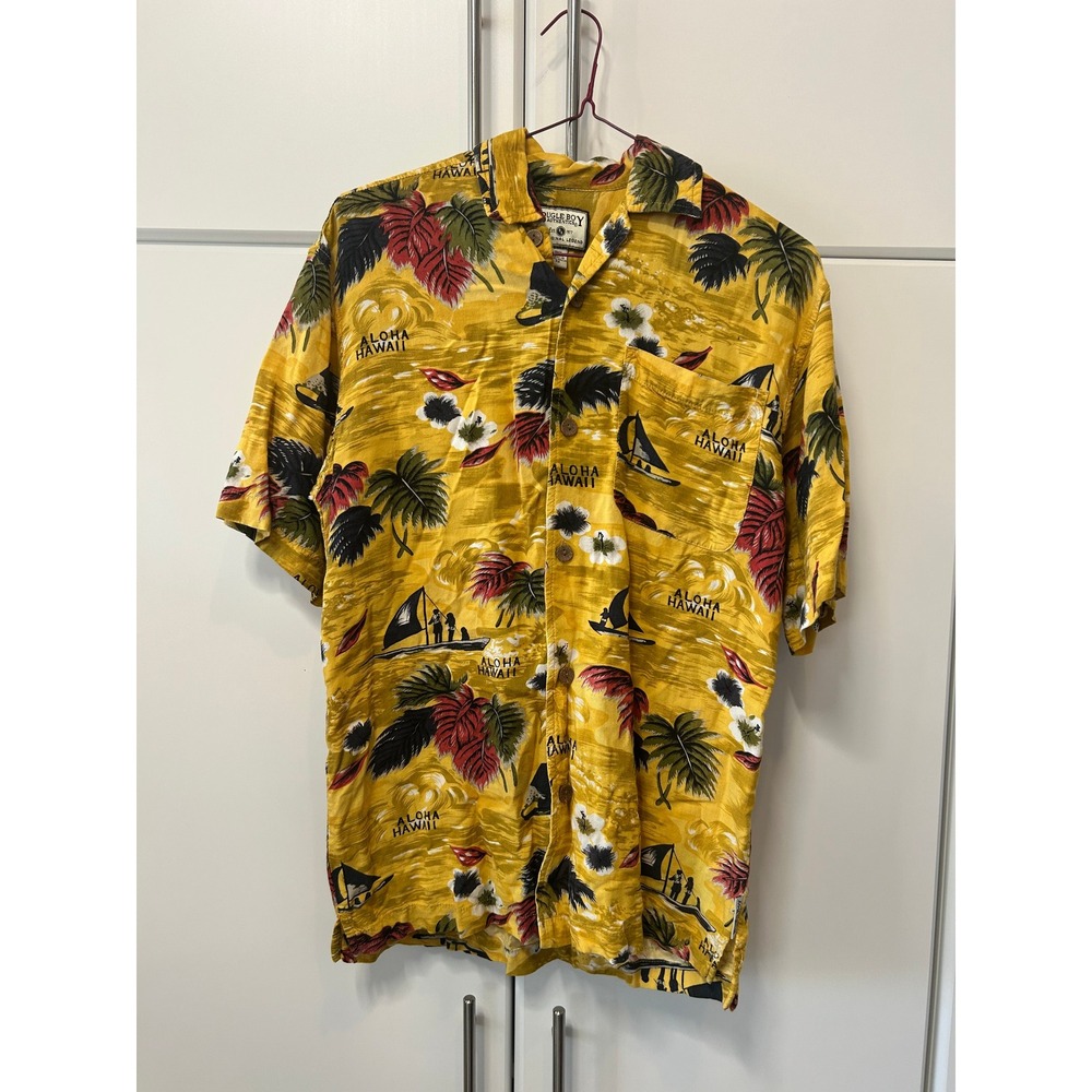 Bugle Boy Authentics Mens M‎ Yellow Aloha Hawaii Rayon Camp Short Sleeve Shirt